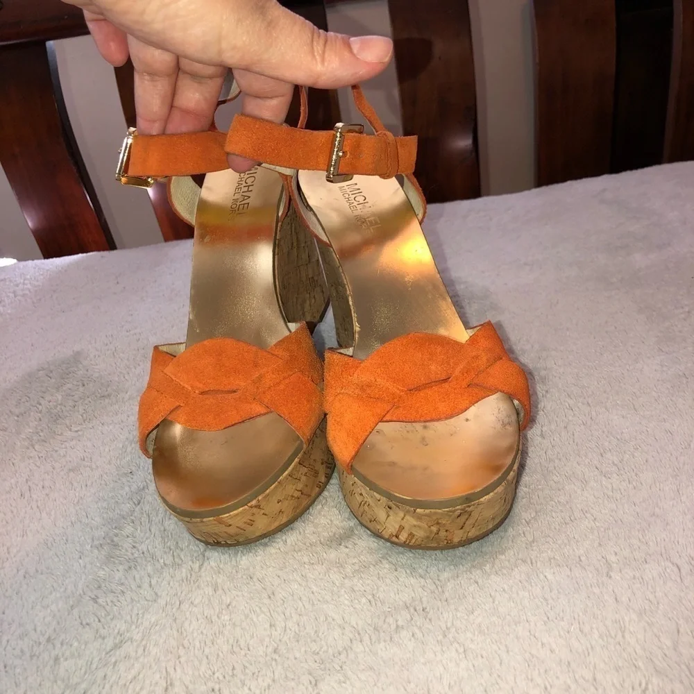 MICHAEL Michael Kors Orange Suede Amber Cork Wedge Ankle Strap Sandals